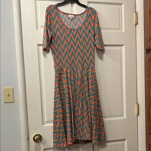 LulaRoe Coral and Turquoise Chevron Patterned Dress